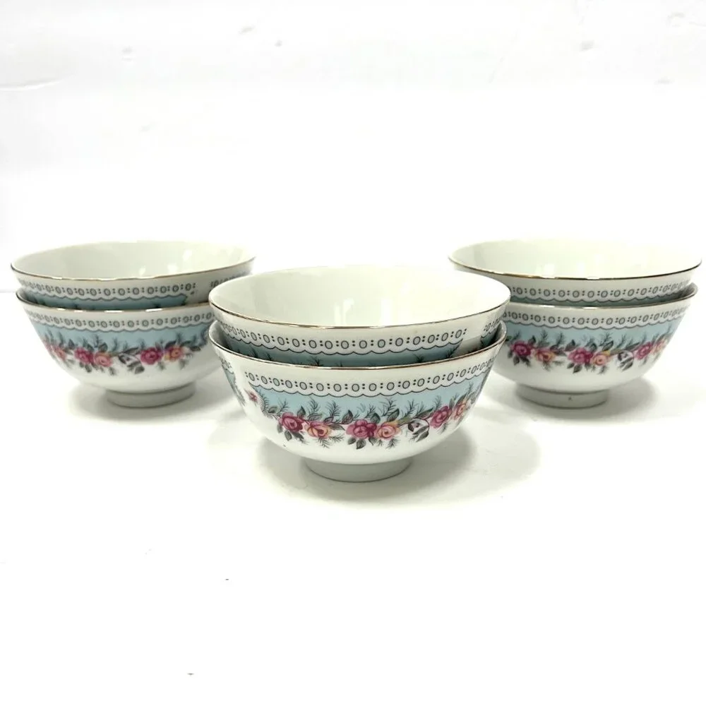 Set of 6 Tatung Porcelain Bowls with Pink Rose Floral design